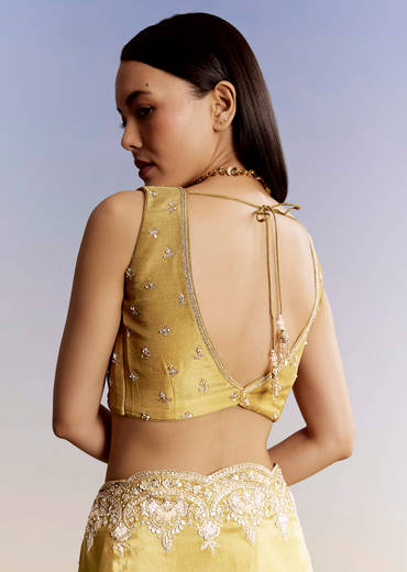 Yellow Crush Tissue Saree With Gota Zari And Beads Embroidery