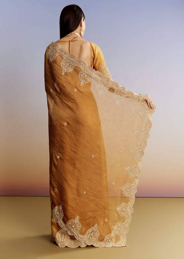 Yellow Crush Tissue Saree With Heavy Embroidered Border And Blouse