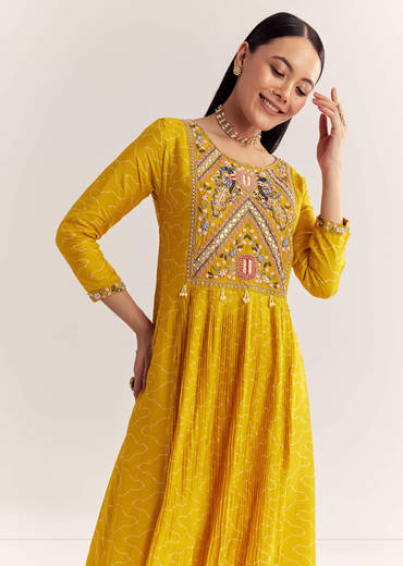 Yellow Dola Silk Gown With Embroidery