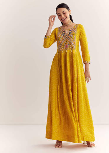 Yellow Dola Silk Gown With Embroidery