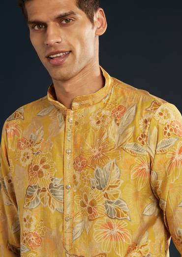 Yellow Silk Kurta Set with Floral print all over