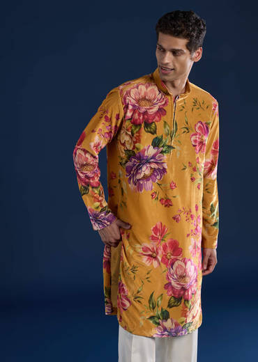 Yellow Floral Print Mens Kurta and Pant Set