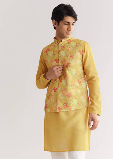 Yellow Floral Printed Jacket Kurta Set