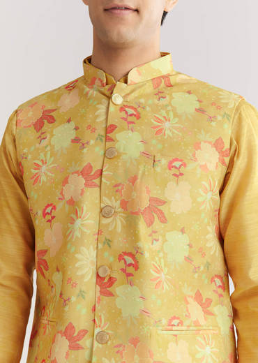 Yellow Floral Printed Jacket Kurta Set