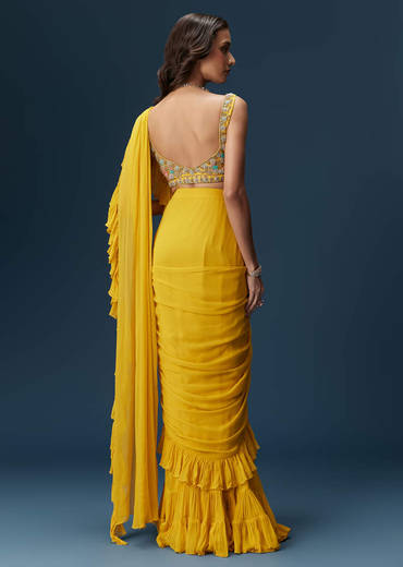 Yellow Frill Saree With Floral Embroidery