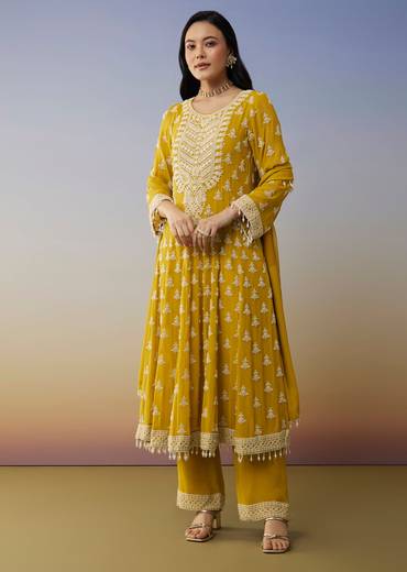 Yellow Georgette Anarkali Suit with Beads Detail Work