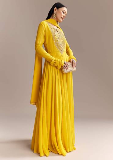 Yellow Georgette Anarkali Suit With Zari And Resham Work
