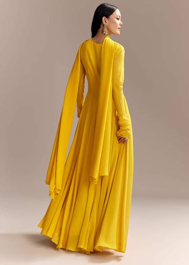 Yellow Georgette Anarkali Suit With Zari And Resham Work