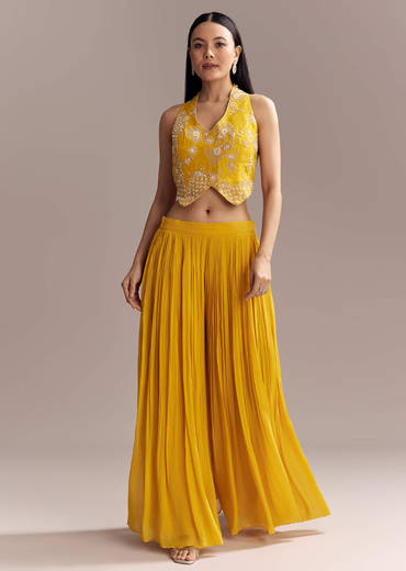 Yellow Georgette Embellished Jumpsuit With Cutdana Work