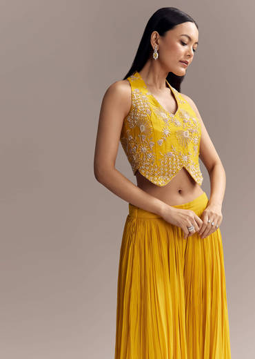 Yellow Georgette Embellished Jumpsuit With Cutdana Work