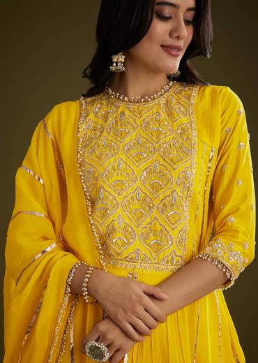 Yellow Georgette Gotta Lace Kurta Set With Cut Dana and Sequins Embellishments