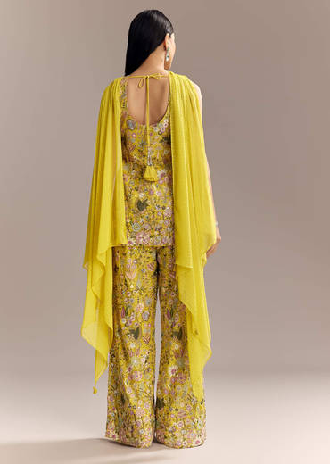Yellow Georgette Palazzo Suit With Heavy Sequins And Resham Work