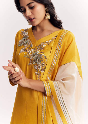 Yellow Gotta Work Kurta Sharara Suit In Russian Silk