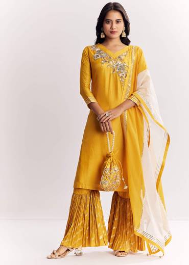 Yellow Gotta Work Kurta Sharara Suit In Russian Silk