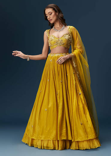 Yellow Indo Western Lehenga With Rushed Skirt And Embroidered Dupatta