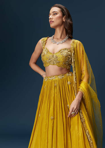 Yellow Indo Western Lehenga With Rushed Skirt And Embroidered Dupatta
