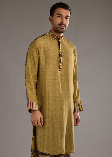 Yellow Linen Kurta Set For Men With Hand Block Ajrakh Print