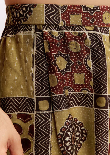 Yellow Linen Kurta Set With Ajrakh Print