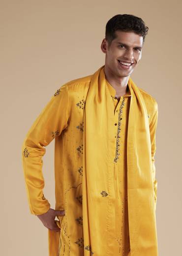 Yellow Linen Satin Mens Kurta Set with Metal Beads Detail Work