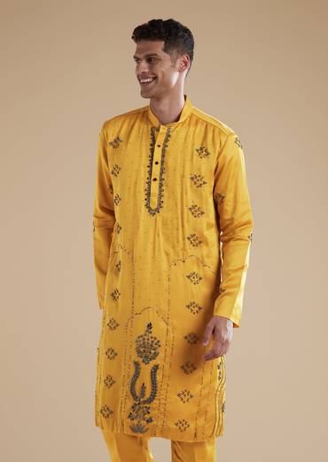 Yellow Linen Satin Mens Kurta Set with Metal Beads Detail Work