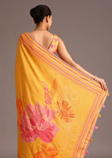 Yellow Mustard Floral Printed Muslin Saree