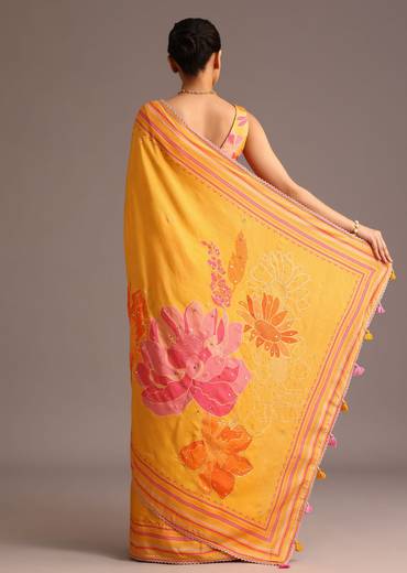 Yellow Mustard Floral Printed Muslin Saree