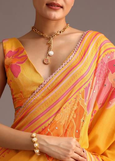 Yellow Mustard Floral Printed Muslin Saree