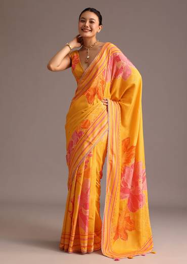 Yellow Mustard Floral Printed Muslin Saree