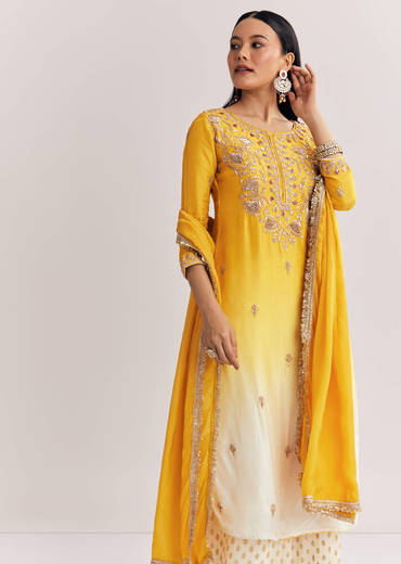 Yellow Ombre Kurta Palazzo Suit With Zardosi And Sequins Work
