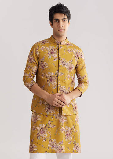 Yellow Pashmina Jacket Kurta Set With Stone Work