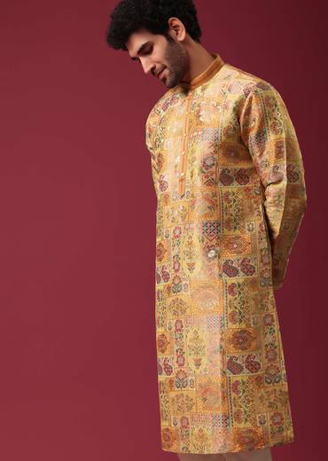 Yellow Printed Kurta Set In Silk