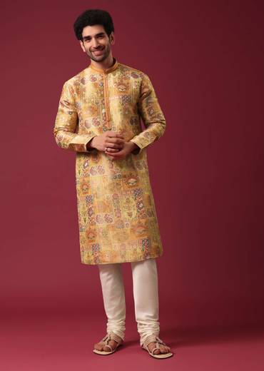 Yellow Printed Kurta Set In Silk