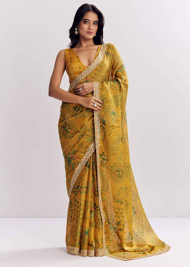 Yellow Printed Tissue Lurex Saree With Zari Mirror And Cutdana Embroidery