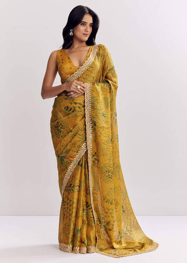 Yellow Printed Tissue Lurex Saree With Zari Mirror And Cutdana Embroidery