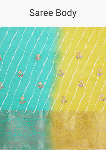 Yellow Rama Saree With Leheriya Print And Floral Gotapatti Embroidery