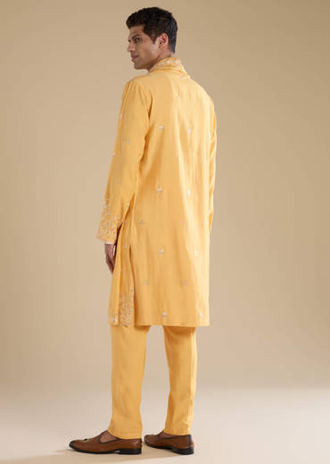 Yellow Resham Work Mens Kurta Set with Dupatta