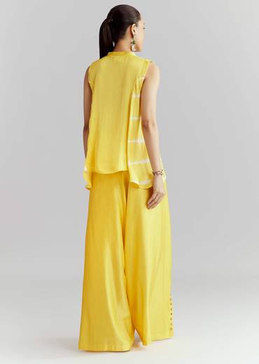 Yellow Satin Indo Western Set With Bandhani And Leheriya Print