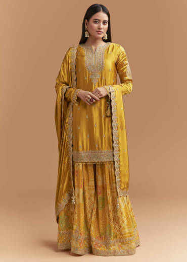 Yellow Satin Suit With Floral Printed Palazzo