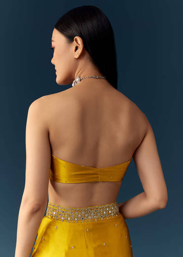 Yellow Satin Saree with Sequins and Unstitched Bouse