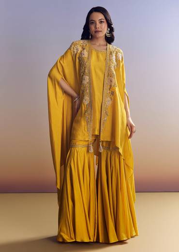Yellow Sharara Set With Zari Cape