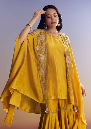 Yellow Sharara Set With Zari Cape
