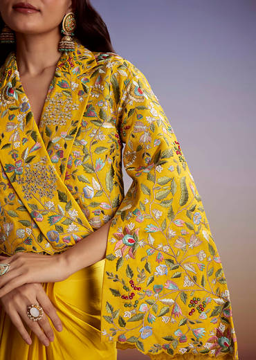 Yellow Silk Crop Top Skirt With Resham Work