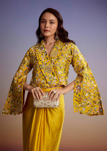 Yellow Silk Crop Top Skirt With Resham Work
