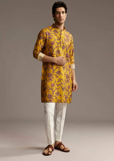 Yellow Silk Designer Kurta For Men With Motif Print