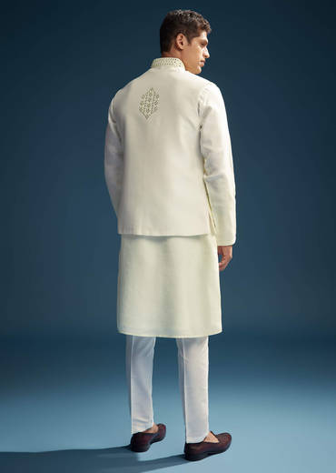 Yellow Silk Kurta Jacket Set For Men With Mirror And Patch Work