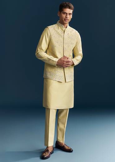 Yellow Silk Kurta Jacket Set With Thread And Mirror Work
