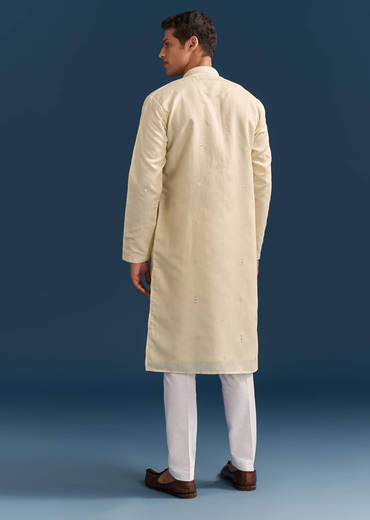 Yellow Silk Kurta Set For Men With Thread And Mirror Embroidery