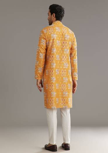 Yellow Silk Kurta Set With Print Work