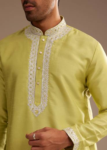 Yellow Silk Kurta Set With Yoke Embroidery