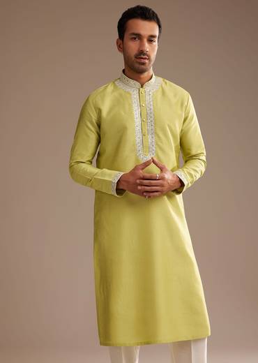 Yellow Silk Kurta Set With Yoke Embroidery